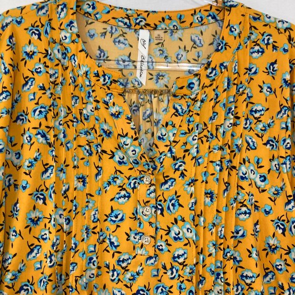 NY Collection XL Yellow Ditsy Floral Pintuck Rolled Sleeve Stretch Popover Top - Picture 3 of 9